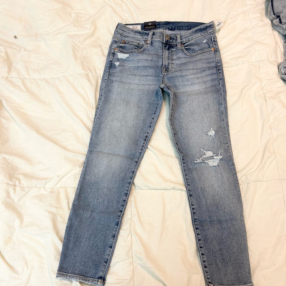 GAP Blue Straight Leg Jeans with Distressed Details